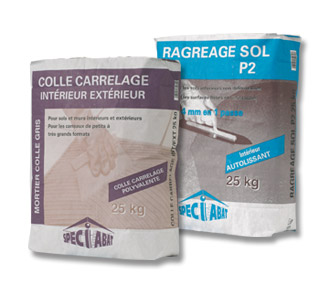 Colle carrelage - Ragréage sol P2-enduit de sol-ragréage-mortier colle-joint carrelage-faïence-mortier colle souple-multimat-speciabat-poudres bâtiment-préparation sol-petits conditionnements